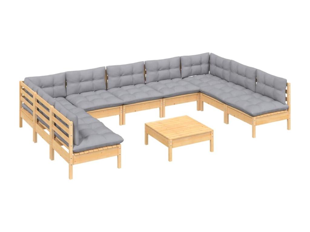 Ensemble de mobilier de patio 10 pièces - Bois - Gris